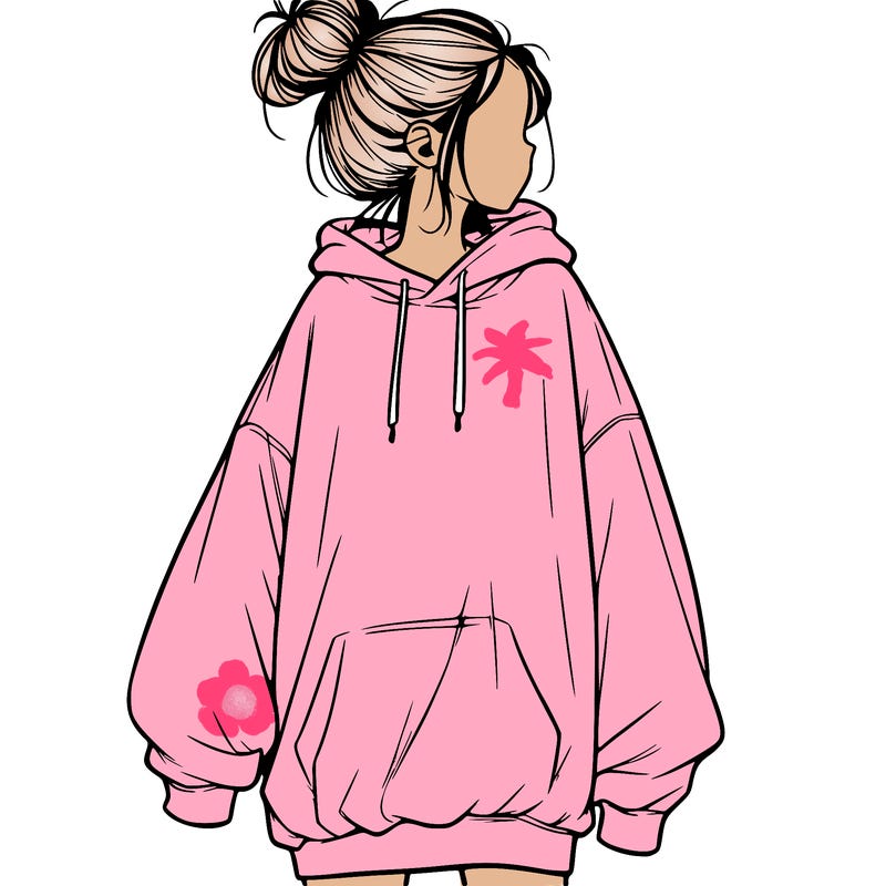 realistic girl with a oversized sweatshirt on and a bun