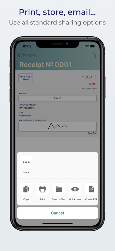 Pantalla de iPhone que muestra un recibo digital de cien dólares con opciones para compartir, como imprimir y guardar en archivos