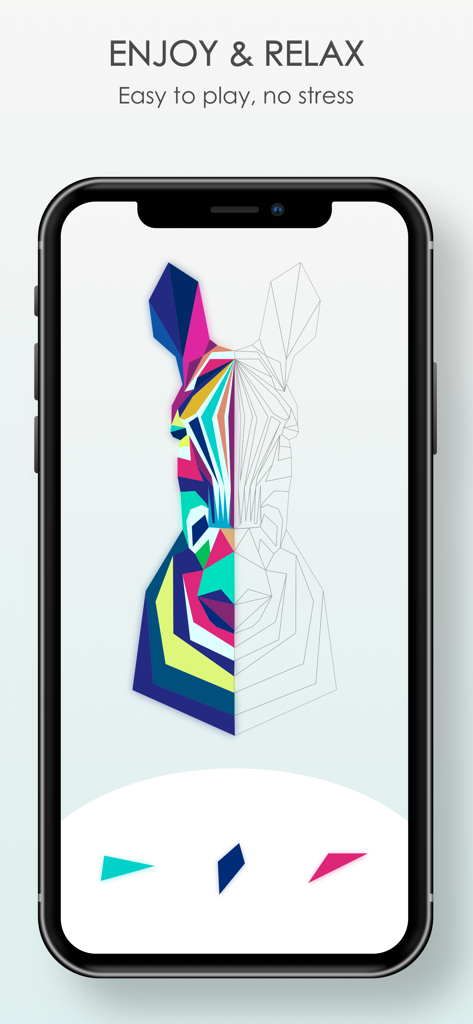 Pop Art Jigsaw HD Puzzle Games - A mobile screen showing a geometric zebra puzzle with bold colors and a relaxing game interface.