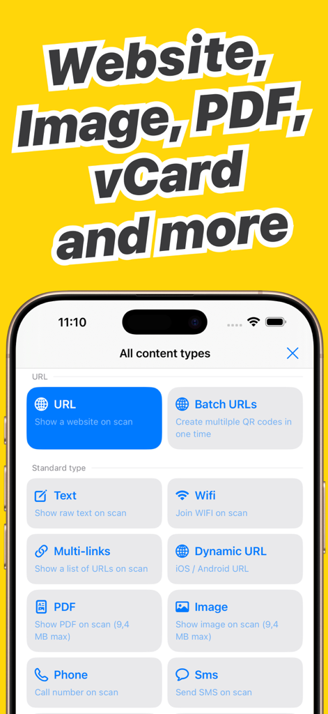 Interfaz de la aplicación móvil que muestra varias opciones de contenido de código QR, incluyendo Sitio Web, Imagen, PDF y vCard, sobre un fondo amarillo.