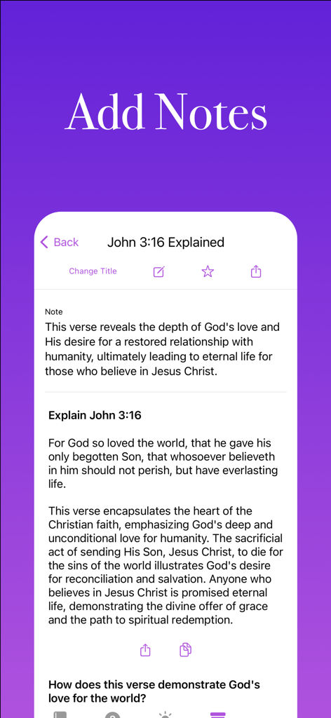Bible Ace: AI Bible Study - Una captura de pantalla móvil que muestra la función Agregar Notas en la aplicación Bible Ace con una explicación de IA y notas personales para Juan 3:16.