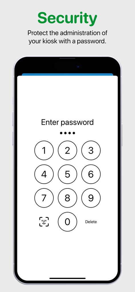 Kiosker: Fullscreen Web Kiosk - Secure password entry screen for Kiosker app administration protection.