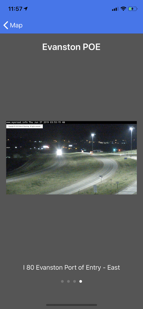 Nighttime road camera view of I 80 Evanston Port of Entry East from the Wyoming 511 app