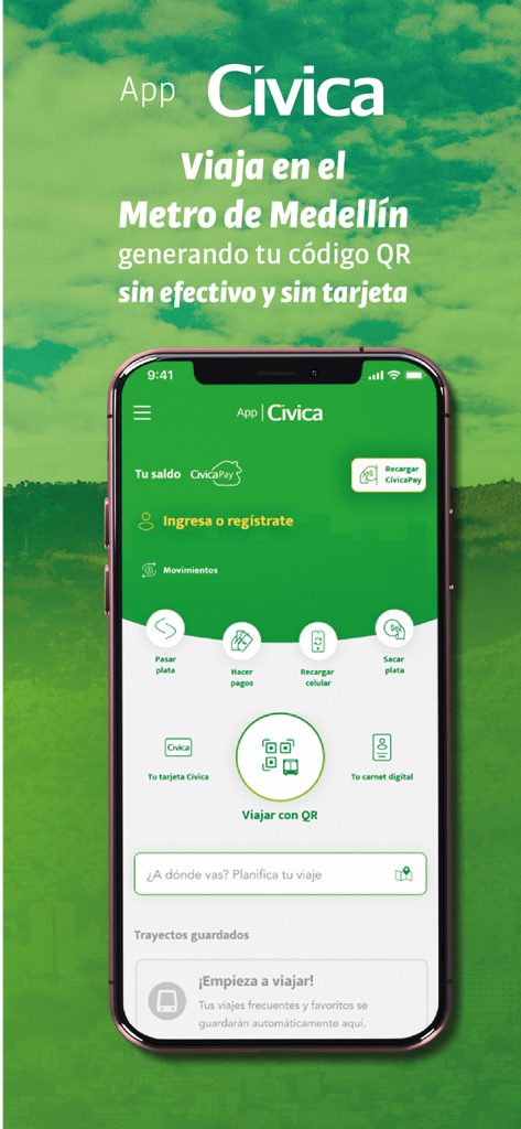 Civica - Civica app interface showing options for Medellin Metro QR code travel and digital payments
