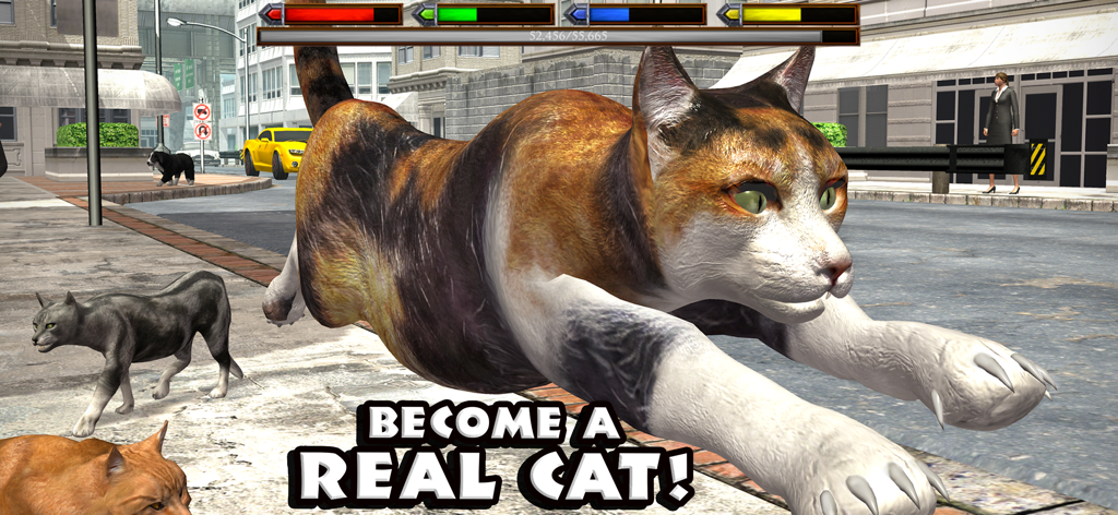 Ultimate Cat Simulator - Um gato calico 3D explorando uma rua da cidade no jogo Ultimate Cat Simulator