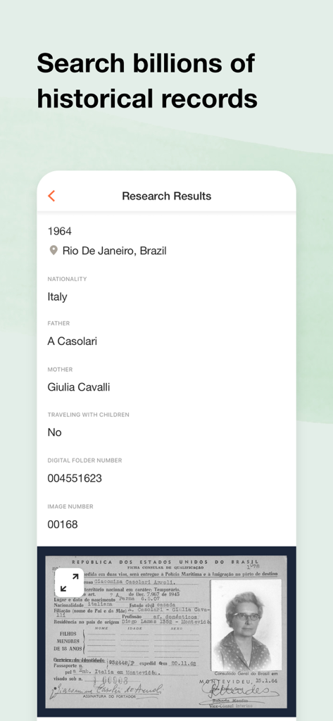 MyHeritage app screen showing historical research results with a scanned document and photo of an ancestor.