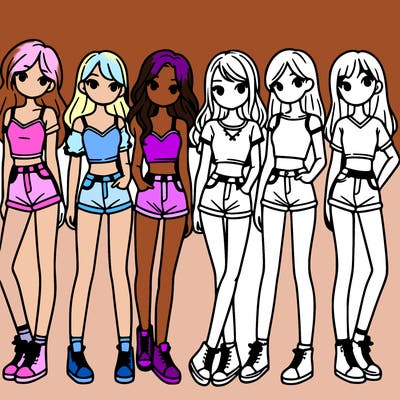 a group of girls wearing crop tops and shorts