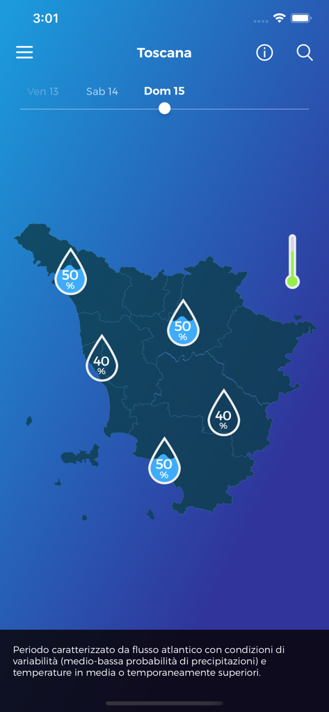 Mapa de pronóstico meteorológico de la Toscana que muestra la probabilidad de precipitación en la app LaMMA Meteo