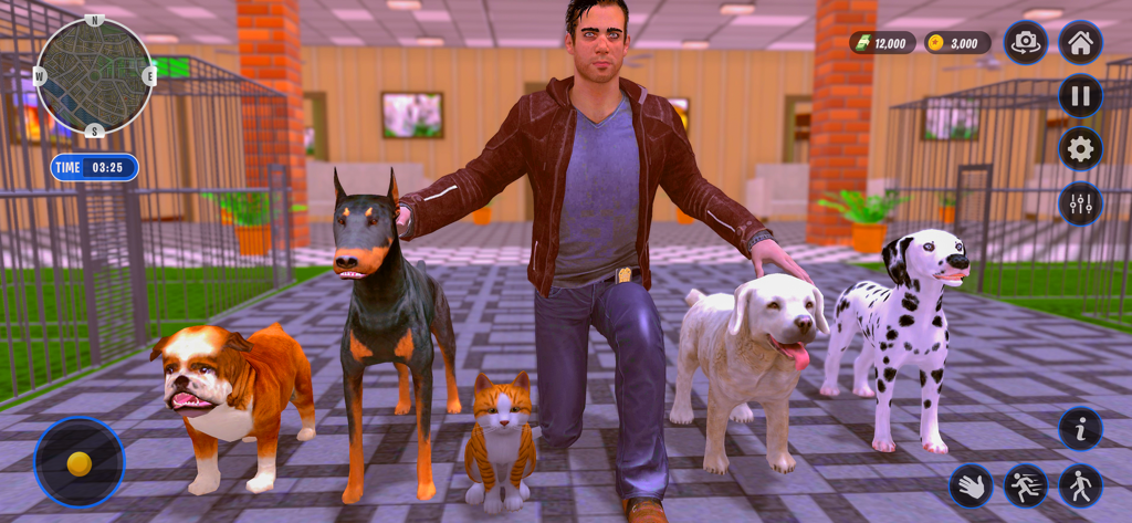 Animal Shelter Pet Dog Rescue - Un gestore di rifugio circondato da varie razze di cani e un gatto in un centro di salvataggio animali virtuale.