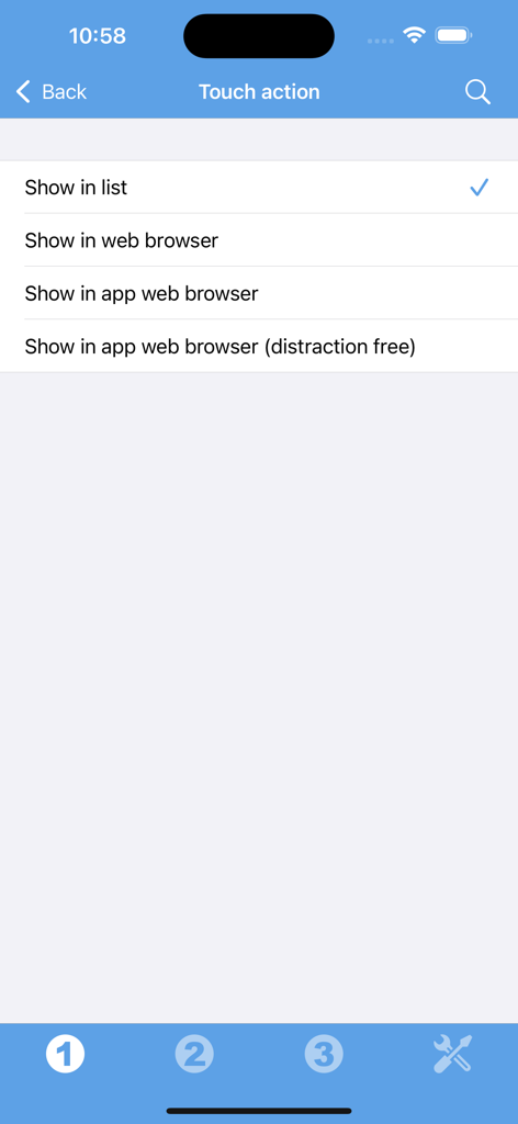 Quote of the Day Widget - Menu de configurações para ações de toque no aplicativo Widget de Citação do Dia mostrando opções como exibir na lista ou navegador da web.