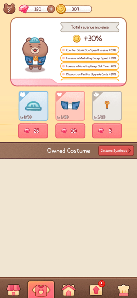 Gomdol CEO bear character screen showing costume customization with revenue bonuses and upgrade options for a hat, vest, and accessory.