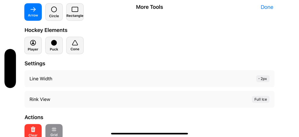 Ice Hockey Board Pro - Interface of the Ice Hockey Board Pro app showing coaching tools like player icons, pucks, cones, and rink settings