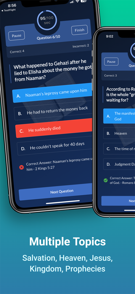 Bible Trivia Quiz - No Ads - Bible Trivia Quiz app interface showing multiple-choice questions and biblical topics like Salvation and Heaven
