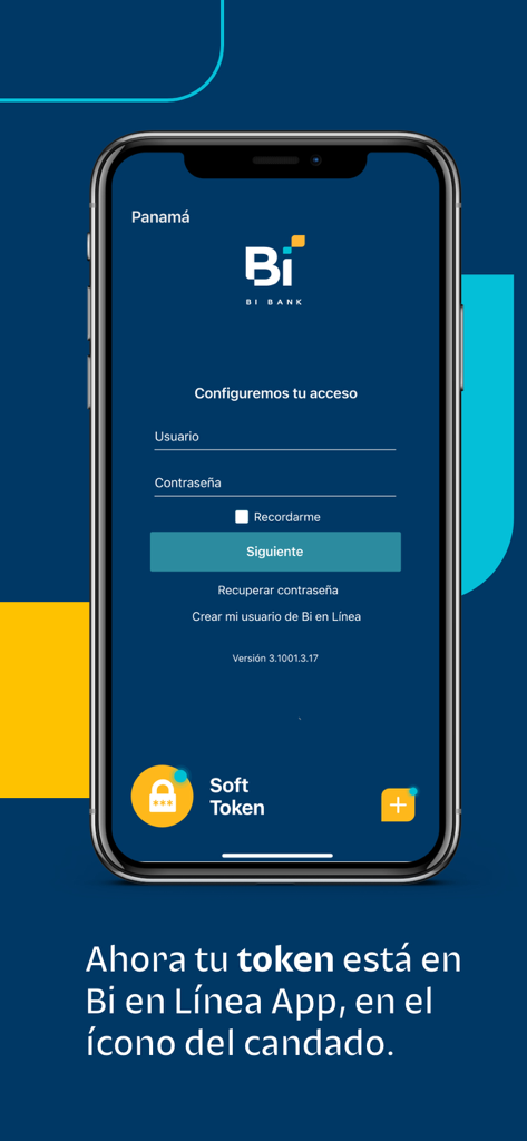Bi en Línea PAN - Pantalla de inicio de sesión de la aplicación Bi Bank Panamá que destaca la función de seguridad del token suave integrado