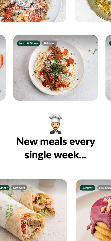 A variety of chef-cooked healthy meals from Calo app including pasta and wraps with dietary tags.