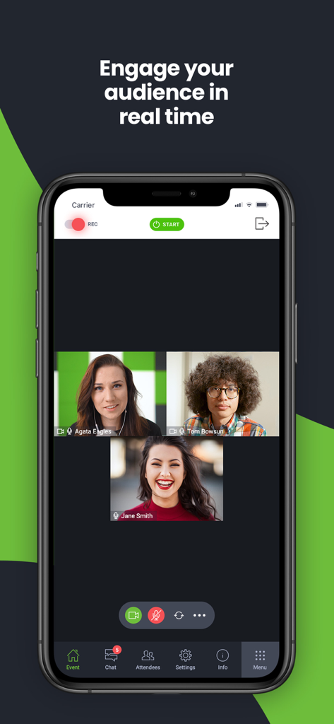 ClickMeeting mobile app interface showing a real-time video conference with three participants and engagement tools