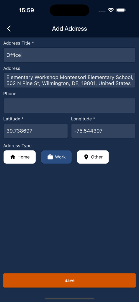 Mobile screen for adding and saving a new address with location details in the Routin-Customer app