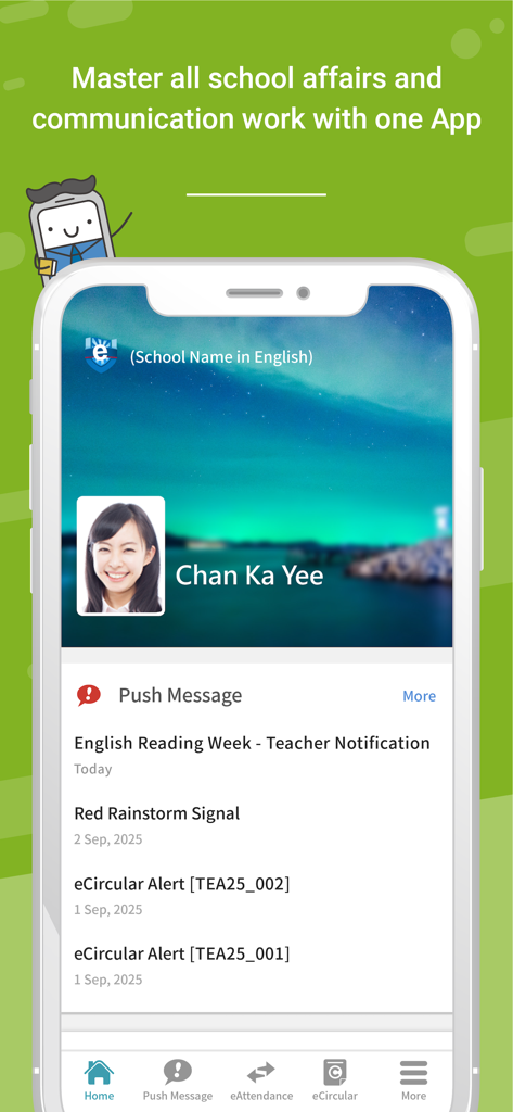 The home screen of the eClass Teacher App displaying a teacher profile and a list of school push notifications.