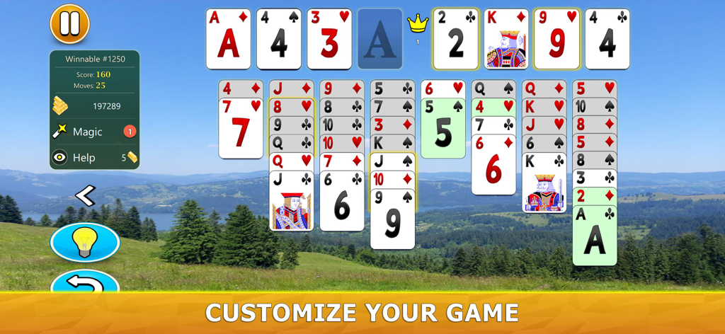 FreeCell Solitaire Mobile - Jugabilidad de FreeCell Solitario con un fondo personalizado de paisaje de montaña y cartas de impresión grande