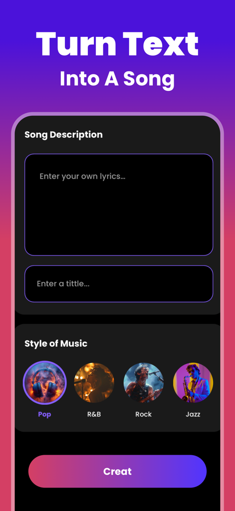 AI Song Writer 2.0 - AI Song Writer app interface showing options to turn lyrics into a song with various music styles like Pop and Rock