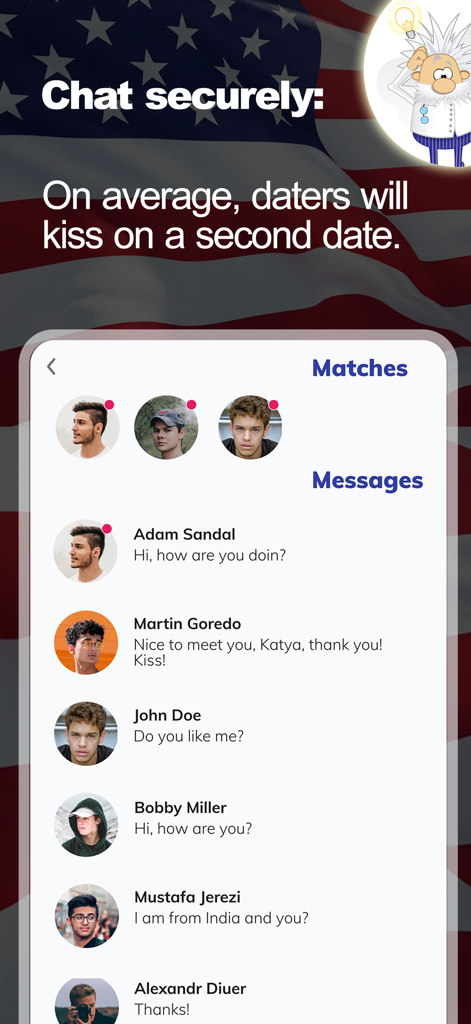 USA Dating - Datee - USA Dating Datee app message screen showing matches and chat history over a US flag background