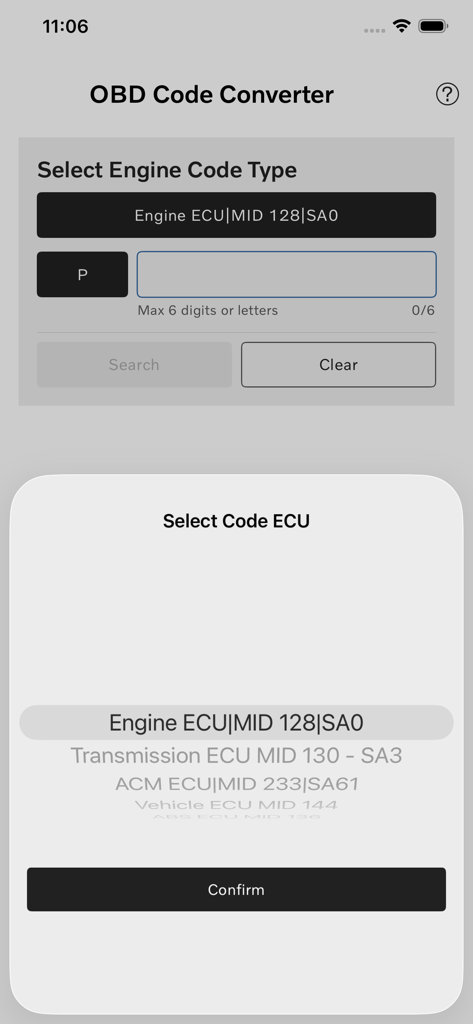 ECU selection screen in the Prevost OBD Code Converter app for diagnosing engine codes