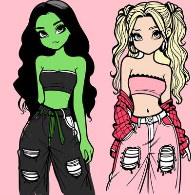 2 girls in crop tops and baggy jeans ripped