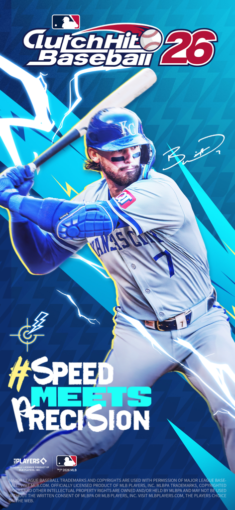 MLB Clutch Hit Baseball 26 - Promotional artwork for MLB Clutch Hit Baseball 26 featuring a Kansas City Royals player and the text Speed Meets Precision.