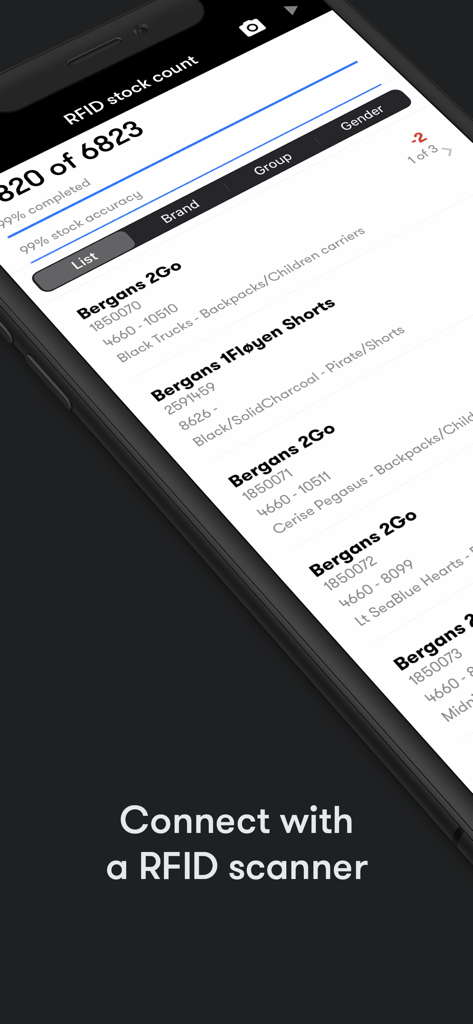 Interface do aplicativo móvel FrontZapp exibindo o progresso da contagem de estoque RFID em tempo real e lista de inventário para gerenciamento de varejo