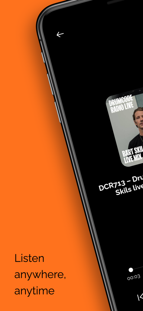 unde - Radio & Podcasts - Interfaz de la aplicación de radio y podcasts Unde en un teléfono móvil con el texto Escucha en cualquier lugar y en cualquier momento