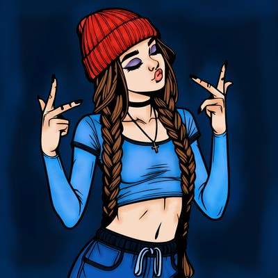 realistic teenage girl with braids and a beanie and crop top doing 🫶🏼