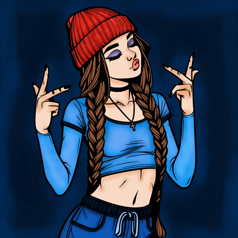 realistic teenage girl with braids and a beanie and crop top doing 🫶🏼