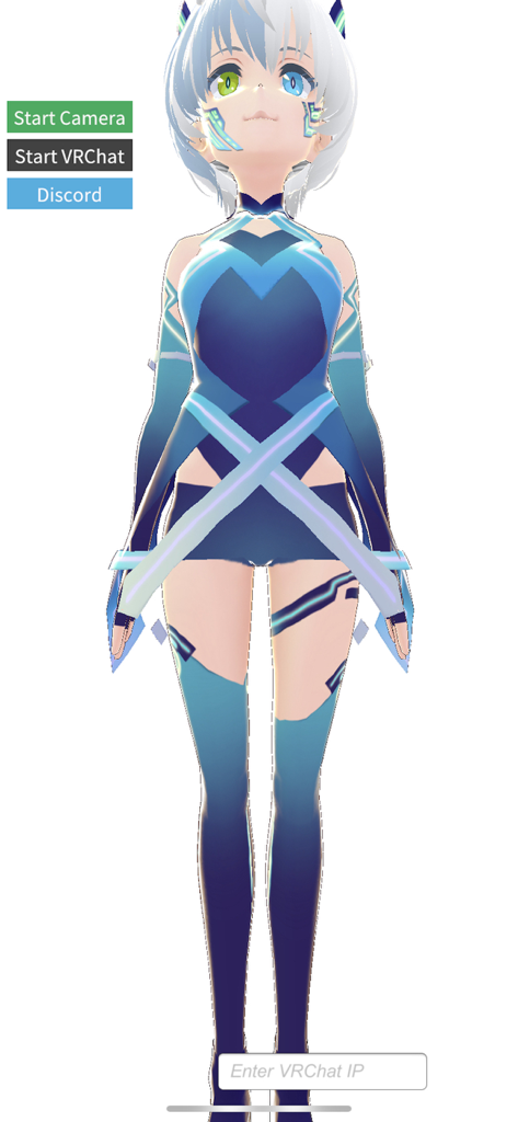 Body Trackor VRChat and vTuber - Interface mobile de Body Trackor montrant un avatar d'anime 3D avec des boutons de démarrage VRChat et caméra.