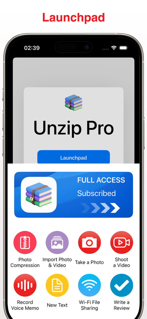 Unzip Pro app interface showing the launchpad with icons for photo compression import and file sharing features