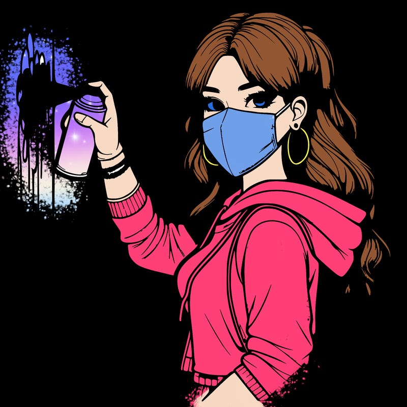 realistic girl with mask spray painting a wall