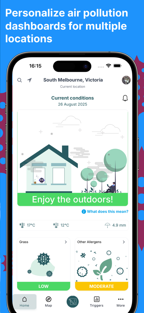 Canberra Pollen Count - Canberra Pollen Count app interface showing air quality and pollen forecasts