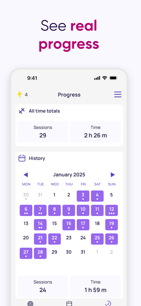 5 Minute Pilates Workout - Una pantalla de seguimiento de progreso de la aplicación 5 Minute Pilates que muestra un calendario de historial de entrenamiento y estadísticas de sesión.