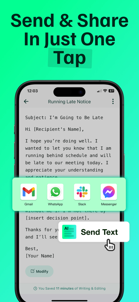 Texting AI Message Generator - Smartphone screen showing an AI-generated message with options to send via Gmail, WhatsApp, Slack, and Messenger.