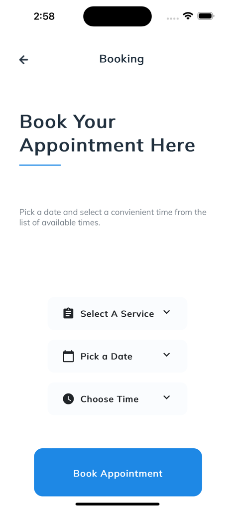 Mobile app interface for booking medical appointments in the My Home Clinic app