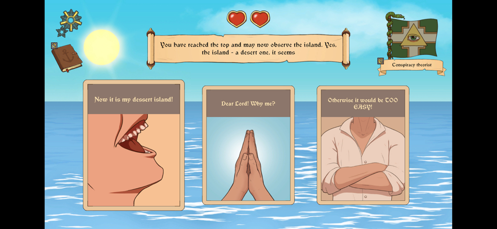 Choice of Life Wild Islands - Pantalla de juego de Choice of Life Wild Islands que muestra tres cartas de decisión con respuestas de personajes