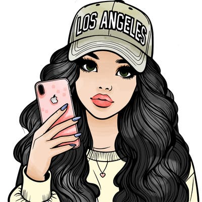 realistic beautiful girl wearing los ángeles cap holding an iphone