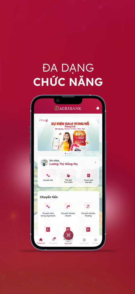 Agribank Retail eBanking app home screen showing money transfer and payment options in Vietnamese