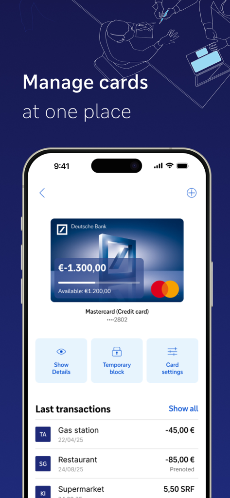 Bildschirm der Deutsche Bank App zur Mastercard-Verwaltung mit Transaktionsverlauf und Sicherheitsoptionen