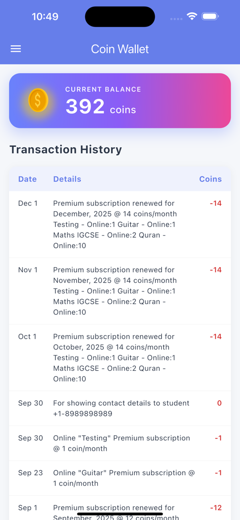 TeacherOn - TeacherOn coin wallet screen showing current balance and transaction history.