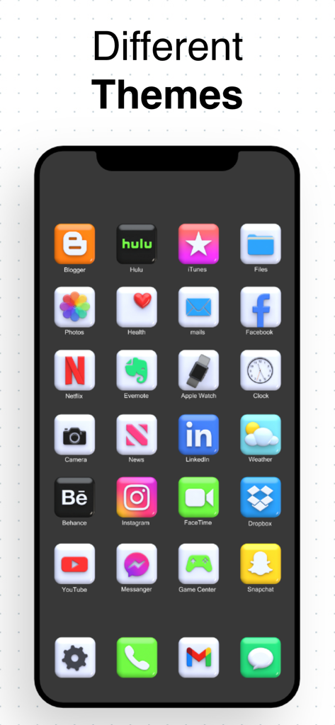 Una muestra de diferentes iconos de aplicaciones 3D estéticos en una pantalla de inicio de iPhone