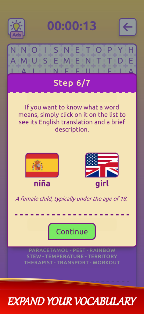 Word Search - Learn Language - 단어 'nina'의 스페인어-영어 번역 및 정의를 보여주는 단어 찾기 게임 화면