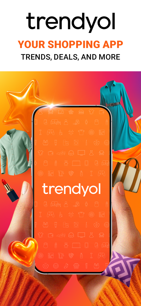 Trendyol: Online Shopping - Hands holding a smartphone with the Trendyol app logo surrounded by trendy fashion items