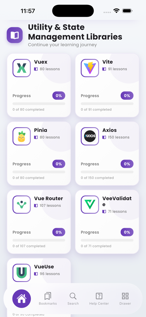 Learn Vue.js Complete Roadmap - Módulos de cursos para Vuex, Pinia, Axios y otras bibliotecas de utilidad en la aplicación Learn Vue.js.