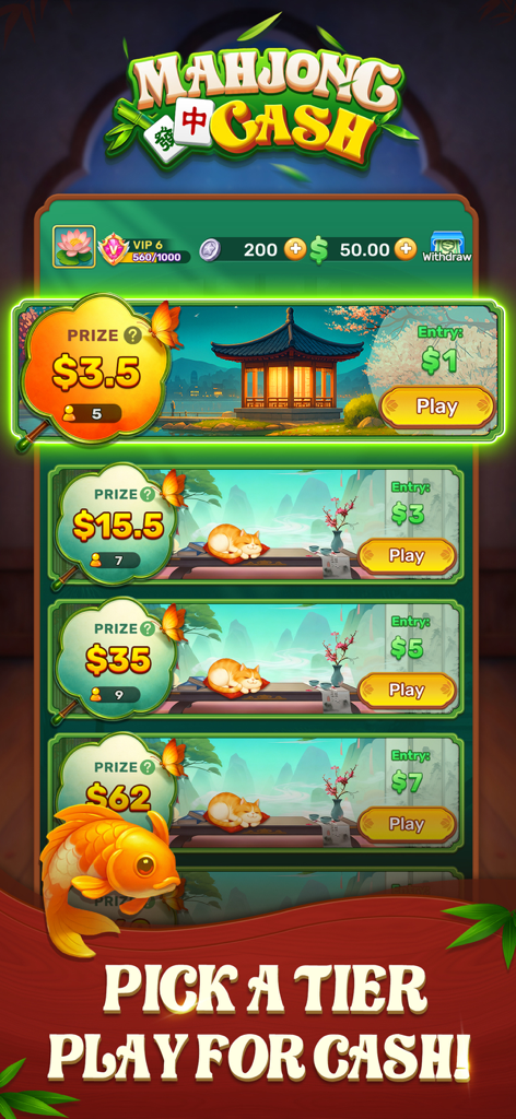 Mahjong Cash game menu showing different entry fees and corresponding cash prize tiers.