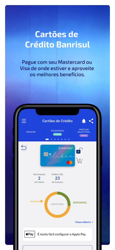 Interfaccia dell'app mobile Banrisul per la gestione delle carte di credito e la configurazione di Apple Pay